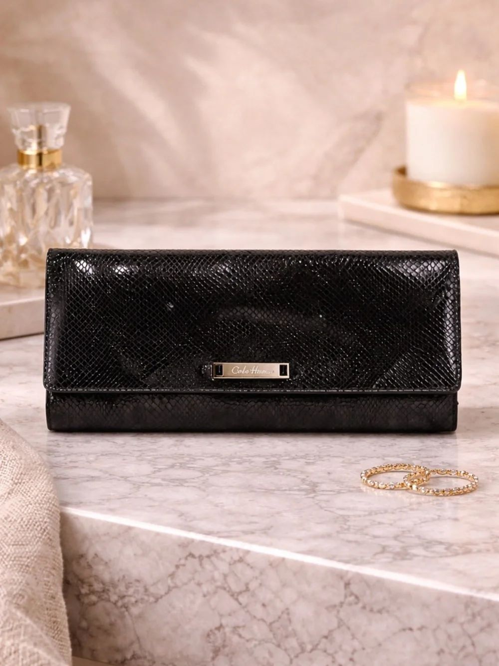 Cole Haan Black Snakeskin Leather Wallet Clutch Continental